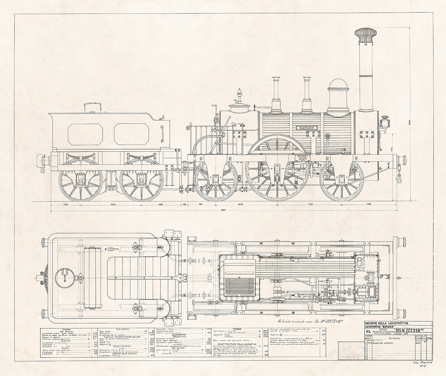 Disegno tecnico della locomotiva Bayard -- fine art --