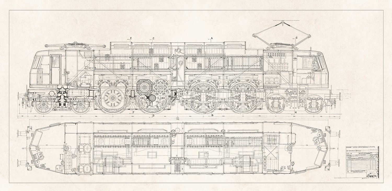 Disegno tecnico della locomotiva Gruppo E 428 -- fine art --